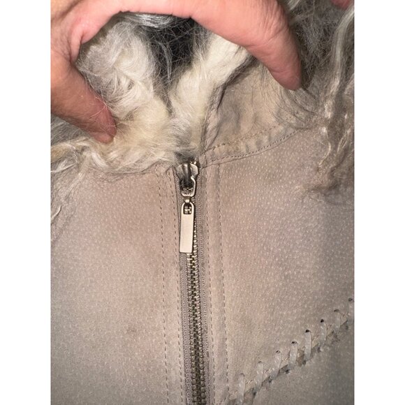 Vintage Winlet Ivory Braided Leather Suede Mongolian Fur Hooded Jacket Coat Sz L - Picture 13 of 16